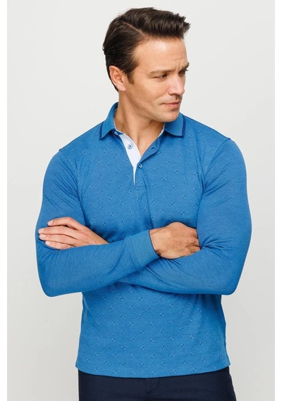 Desen Triko Erkek Polo Yaka Kare Desenli Uzun Kollu Sweatshirt Saks Saks Desen Triko Erkek Polo Yaka Kare Desenli Uzun Kollu Sweatshirt Saks Saks