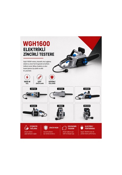 Algaride Wgh1600 1600w Elektrikli Zincirli Testere 40cm 3/8 91 Zincir Otomatik Yağlama Ve Zincir Frenli