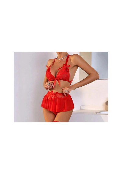 Mentra Online Özel Tasarım Kırmızı Dantelli Fiyonklu Şık Babydoll