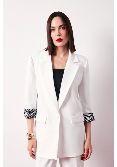 Sateen Zebra Astarlı Uzun Ceket - Ekru