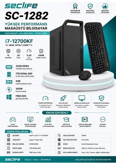 Seclife SC-1282 İ7-12700KF 32 GB 1TB 2 GB FreeDos Masaüstü Oyuncu Bilgisayarı