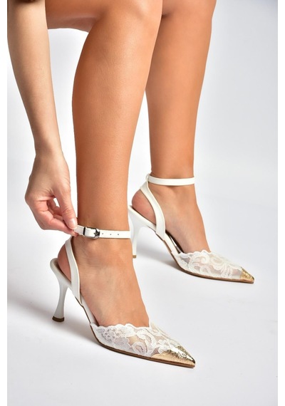 Fox Shoes Y752082806 Beyaz Dantel İnce Topuklu Kadın Ayakkabı