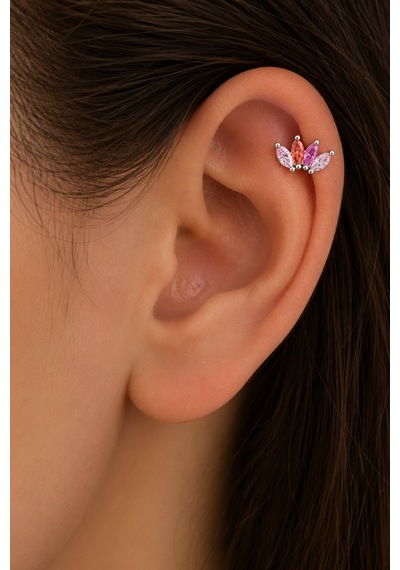 Sertifikalı 316l Çelik Pembe Fuşya Ve Mercan Markiz Taşlı Taç Form Premium Gümüş Renk Tragus Ve Heli