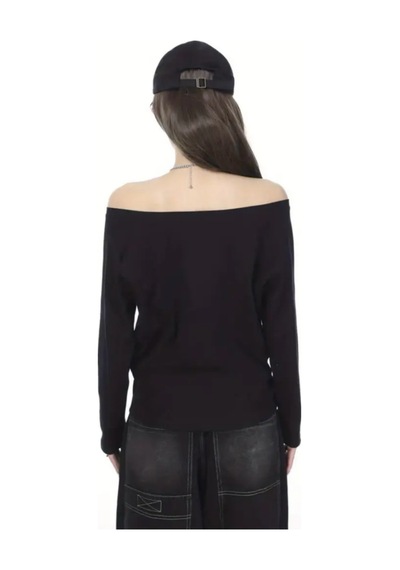 Siyah Kadın Düşük Omuz Kayık Yaka Oversize Uzun Kollu T-shirt Siyah