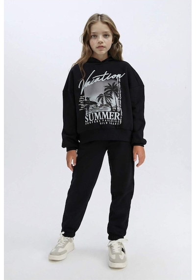 DeFacto Kız Çocuk 2'li Takım Kapüşonlu Baskılı Sweatshirt Beli Lastikli Jogger Alt D2219A824WNBK81 Siyah