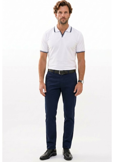Tudors Erkek Slim Fit Dar Kesim %100 Pamuklu Çizgili Detaylı V Yaka Beyaz Polo Yaka Tişört-51593