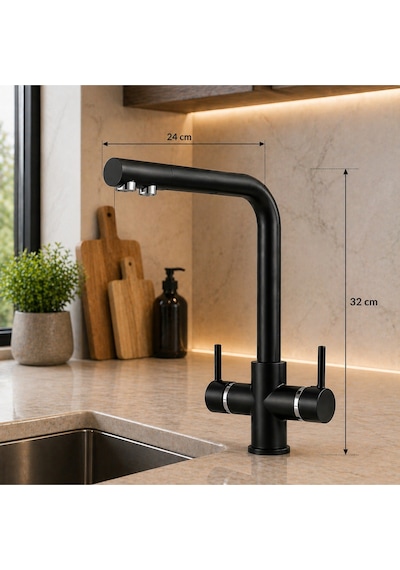 Lüx 2'li Set Krom Sabit Lavabo Bataryası Ve 3 Yollu Arıtma Musluğu Mutfak Bataryası Çeşmesi Musluğu Krom-siyah