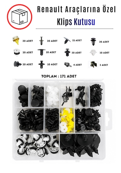 Renault Araçlarına Özel Tampon Kapı Davlumbaz Kaput İçin Karışık Klips Kutusu 171 Parça 171 Parça Klips Kutusu