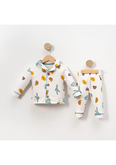 Bebegen Unisex Ekru Yeşil Turuncu Yaprak Kaktüs Desenli Kruvaze Yaka Pijama Takımı