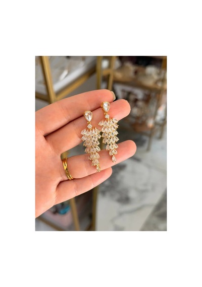Vıp Taşlı Damla Model Zarif Gold Küpe Altın