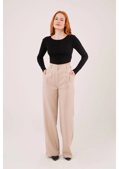 Defymoda Bol Paça Piliseli Bej Pantolon Bej