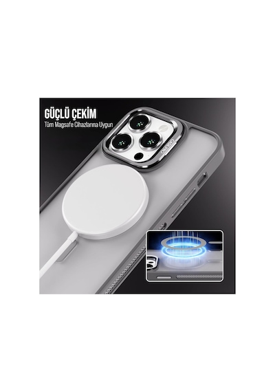 iPhone Uyumlu 14 Plus / 15 Plus Kamera Koruma Stantlı Magsafe Destekli Lens Koruyucu Telefon Kılıfı Gri
