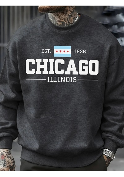 Startmore Tarzsokak Chicago Illinois Baskılı Sonbahar Erkekler Kazak Yumuşak Giysiler Büyük Boy Sokak Kazak Polar Antrasit