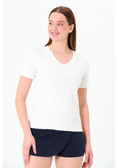 Sortie Collection V Yaka Premium Modal Kumaş Basic Tişört - Ekru