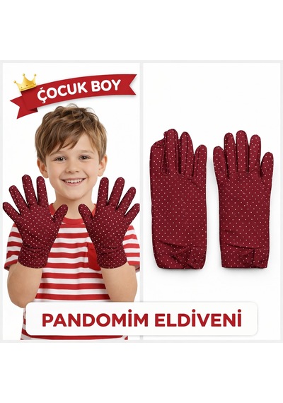 Çocuk Boy Pandomim Eldiveni Beyaz Puantiyeli Bordo Renk Gösteri E