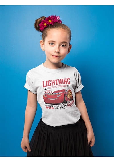 Sevbano Unisex Lightning Mcqueen Baskılı Arabalar Şimşek Çizgi Film Çocuk Beyaz