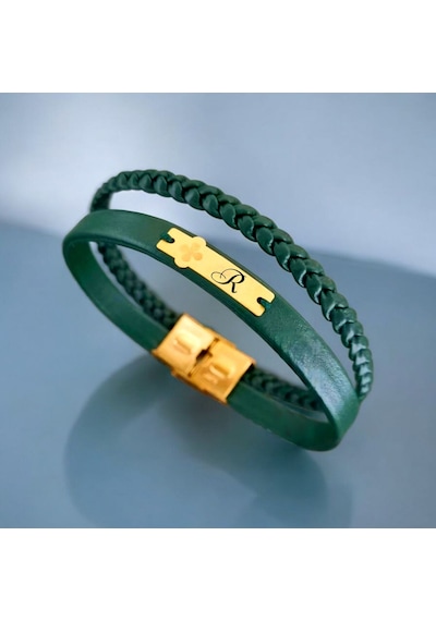 Archin R Harfine Özel 14 Ayar Altın Plakalı Yeşil Derili Çiçek Motifli Hediye Bileklik-436harf R