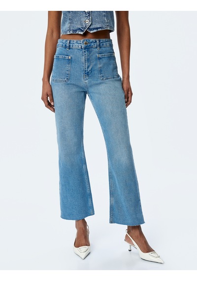 Koton İspanyol Paça Düğmeli Normal Bel Denim Pantolon - Flare Jeans Orta İndigo 5sal40132md Indigo