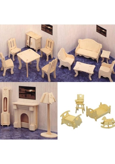 3D 97 Parça Ahşap Boyalanabilir Mobilya Maketi 4'Lü Set