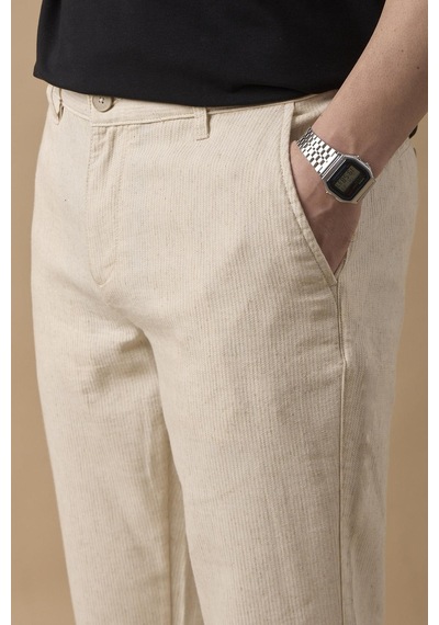 Braccas Erkek Bej Slim Fit Keten Karışımlı Çizgili Pantolon Bej