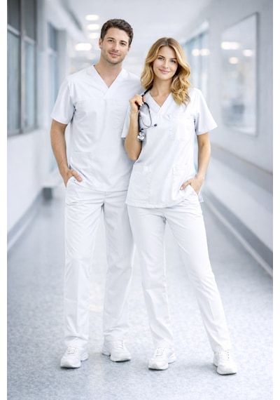 Likralı Hemşire Doktor Forması Premium Belinda Soft Kumaş Scrubs Hastane Üniforması Cerrahi Takım Beyaz