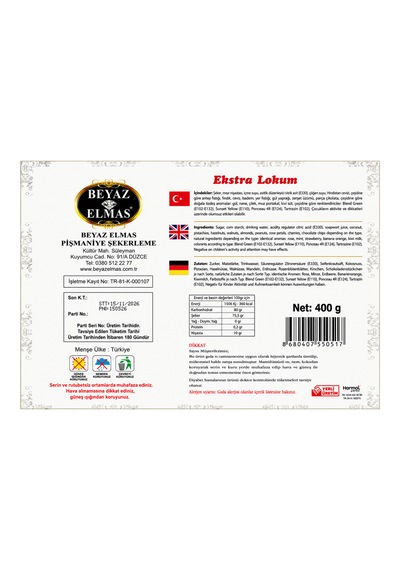 Beyaz Elmas Kare Çeşnili Lokum 400 Gr - %100 Doğal Pancar Şekerli - Karışık Kuruyemişli Ve Meyve Aromalı Türk Lokumu
