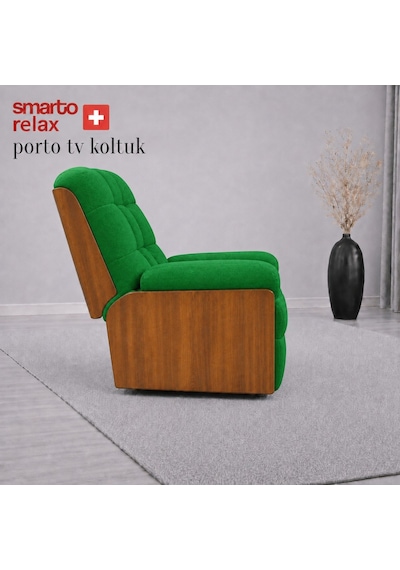 Smarto Relax Porto Tv Koltuğu Elektrikli Masajlı Isıtmalı Döner Sallanan Ahşap Yan Panelli Polyester Kumaş Baba Koltuğu Yeşil