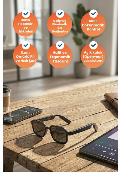 E13 Bluetooth Akıllı Ses Gözlüğü Smart Audio Glasses Dahili Hoparlör Dokunmatik Kontrol