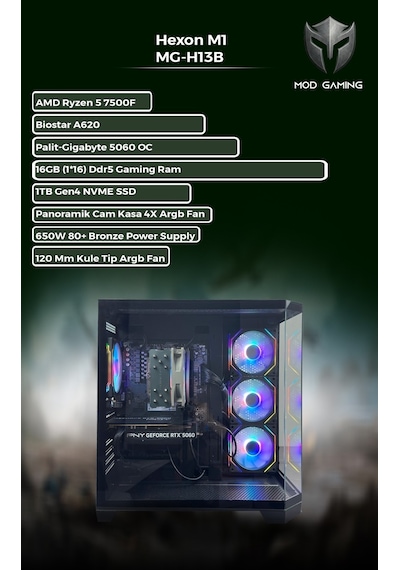 Mod Gaming Hexon MG-H13B R5-7500F 16 GB 1 TB SSD 8 GB RTX5060 Free Dos Masaüstü Oyuncu Bilgisayarı