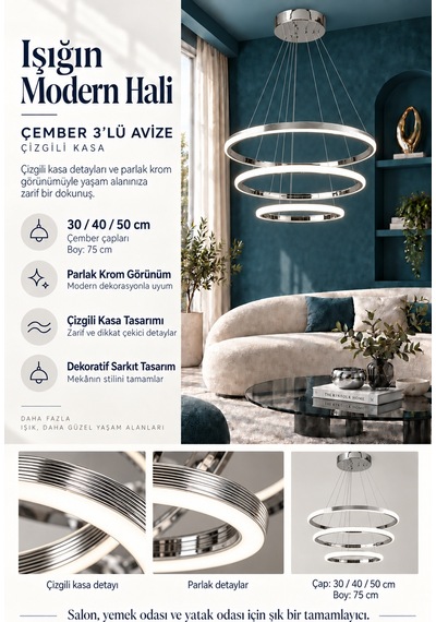 Çember 30-40-50 Modern Ledli Avize Çizgili 3 Renk Power Ledli Krom Kaplama Yatak Odası Salon Mutfak