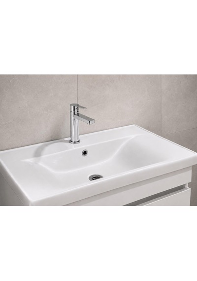 Modern 80 Cm Beyaz Renkli Mdf Seramik Lavabolu Alt Ve Üst Dolaplı Üst Aynalı Banyo Dolabı