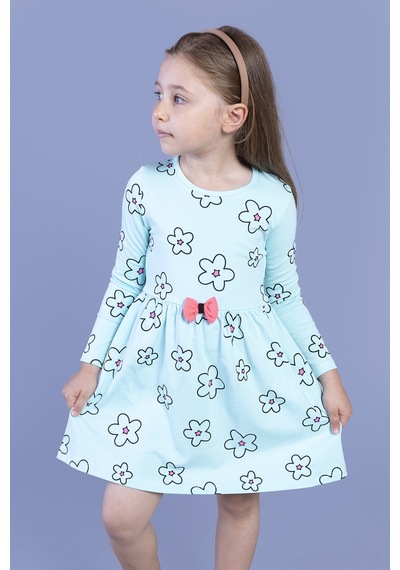 Toontoy Kız Çocuk Çiçek Desenli Fiyonk Detaylı Elbise Su Yeşili