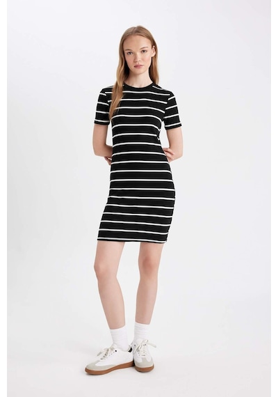 DeFacto Coool Bodycon Vücudu Saran Bisiklet Yaka Çizgili Fitilli Kaşkorse Kısa Kollu Mini Elbise D5987AXNSBK81