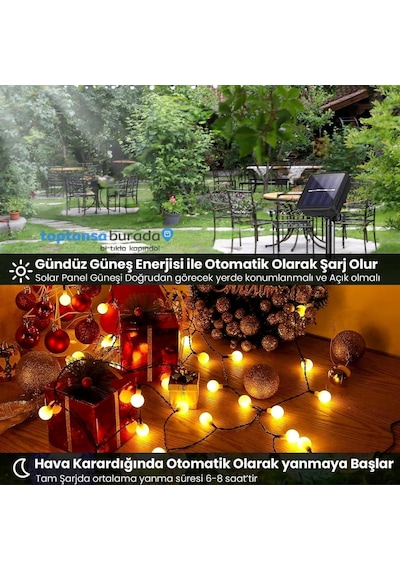 Technosmart Solar 50 Ledli Top 8 Modlu Sarı Işık Bahçe Aydınlatma Dekorasyon Güneş Enerjili