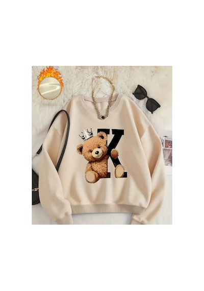 Herkesemoda Kral Ayıcık Baskı Desen Detaylı Bisiklet Yaka Sweatshirt Bej