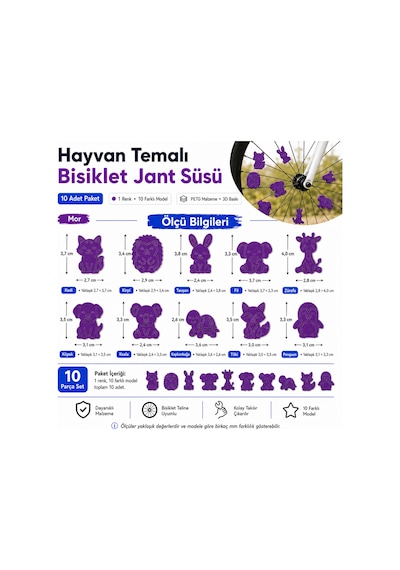Hayvan Temalı Bisiklet Jant Süsü 20 Parça 2 Renk 10 Farklı Model Mor-turuncu