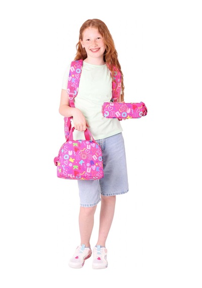 Kaukko Brokar Üçlü Okul Çanta Seti - Pembe - Kalp Ve Kaukko Baskılı - Kız Çocuk Pembe