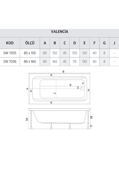 Shower 80X150 Valencıa Kolluklu Düz Küvet