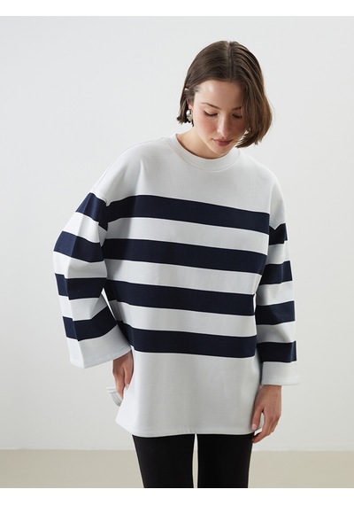 Lcwaıkıkı Classic Lacivert Bisiklet Yaka Çizgili Oversize Kadın Sweatshirt Tunik