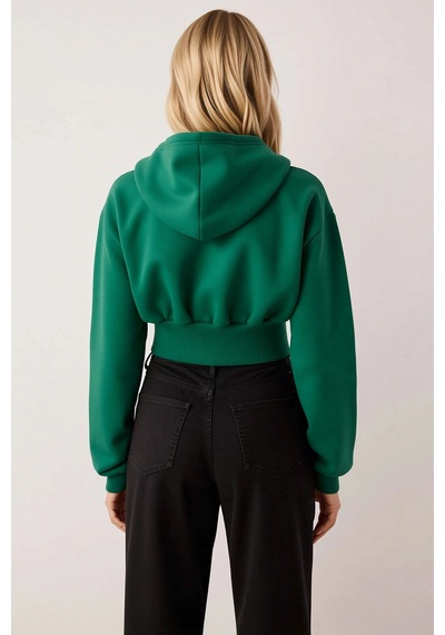 Benerly Kadın Kapüşonlu Düşük Kol Fitted Fermuarlı Örme Sweatshirt Fonksi Zümrüt