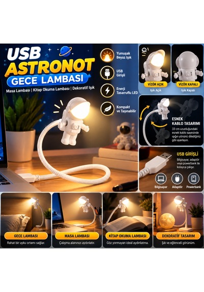 Dilaratrendhouse Usb Astronot Gece Lambası, Masa Lambası, Kitap Okuma Lambası Işığı Dlra Çok Renkli