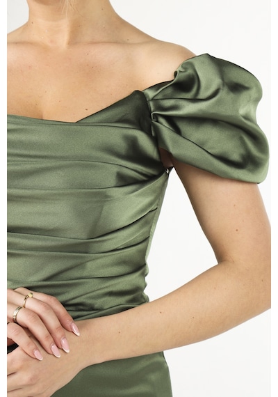 Feminist Haki Drape Detaylı Saten Kumaş Abiye Elbise 9704858.23 Haki