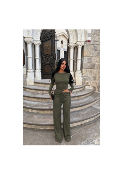 Evoa Kadın Haki Basic Düğmeli Bluz Ve Bol Paça Pantolon Takım
