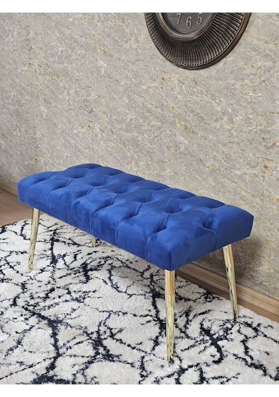 Zafir Gold Kaplama Sivriltme Ayaklı 90 Cm Puf Bench - Puf - Bench - Kasalı Oturak - Oturak - Yatak Ucu Puf Mavi