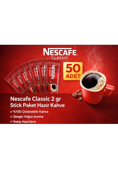 Kahve Classic 2 Gr 50 Adet Stick Paket Hazır Kahve %100 Çözünebilir Zengin Yoğun Aroma
