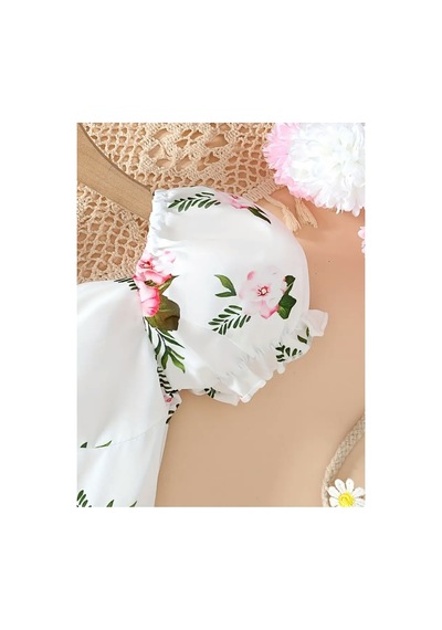 Lilymoon Kısa Puf Kollu Çiçekli Kalp Yaka Elbise Beyaz