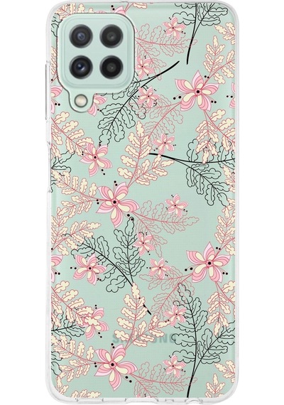 Samsung Galaxy M32 Uyumlu Kapak Floral Kırmızı Tasarımlı Şeffaf Silikon Kılıf