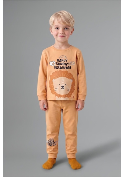 Defacto %100 Pamuk Baskılı Sweatshirt Üst Lastikli Paça Alt 2li Pijama Takımı Erkek Bebek I1437a526auog615 Turuncu-og615