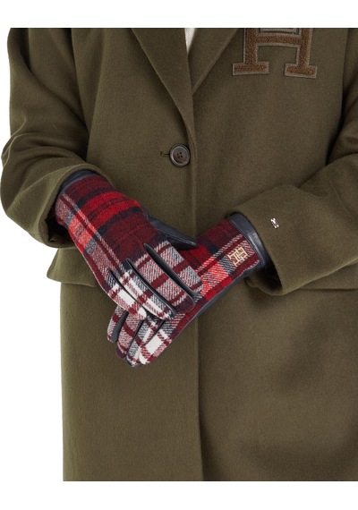 Tommy Hilfiger Tommy Check Leather Kadın Kırmızı Eldiven