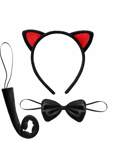 Kırmızı - 470 - Kulaklı Kedi Kostüm Seti Taç Papyon Kuyruk - Csmo-tex - 3 Parça